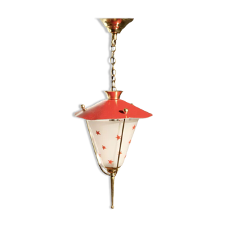 Lampe suspension en laiton et métal Rockabilly rouge.