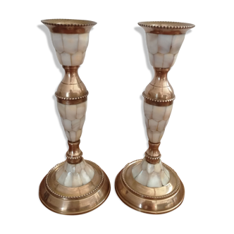 Pair of mother-of-pearl candlesticks and brass