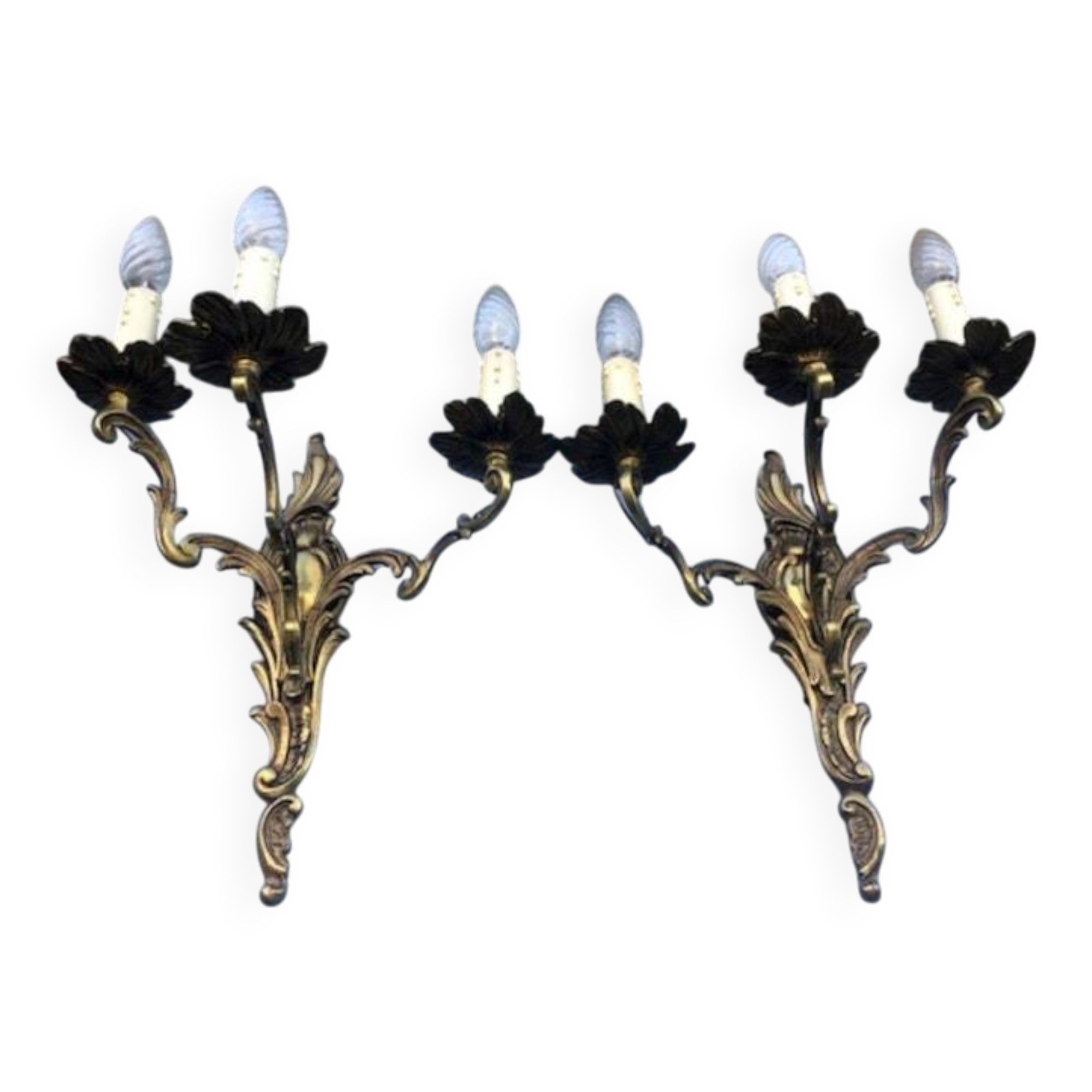 Pair of French Vintage Rococo Gilt Bronze Wall Sconces: Ornate 3-Arm Lamps