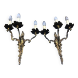 Pair of French Vintage Rococo Gilt Bronze Wall Sconces: Ornate 3-Arm Lamps