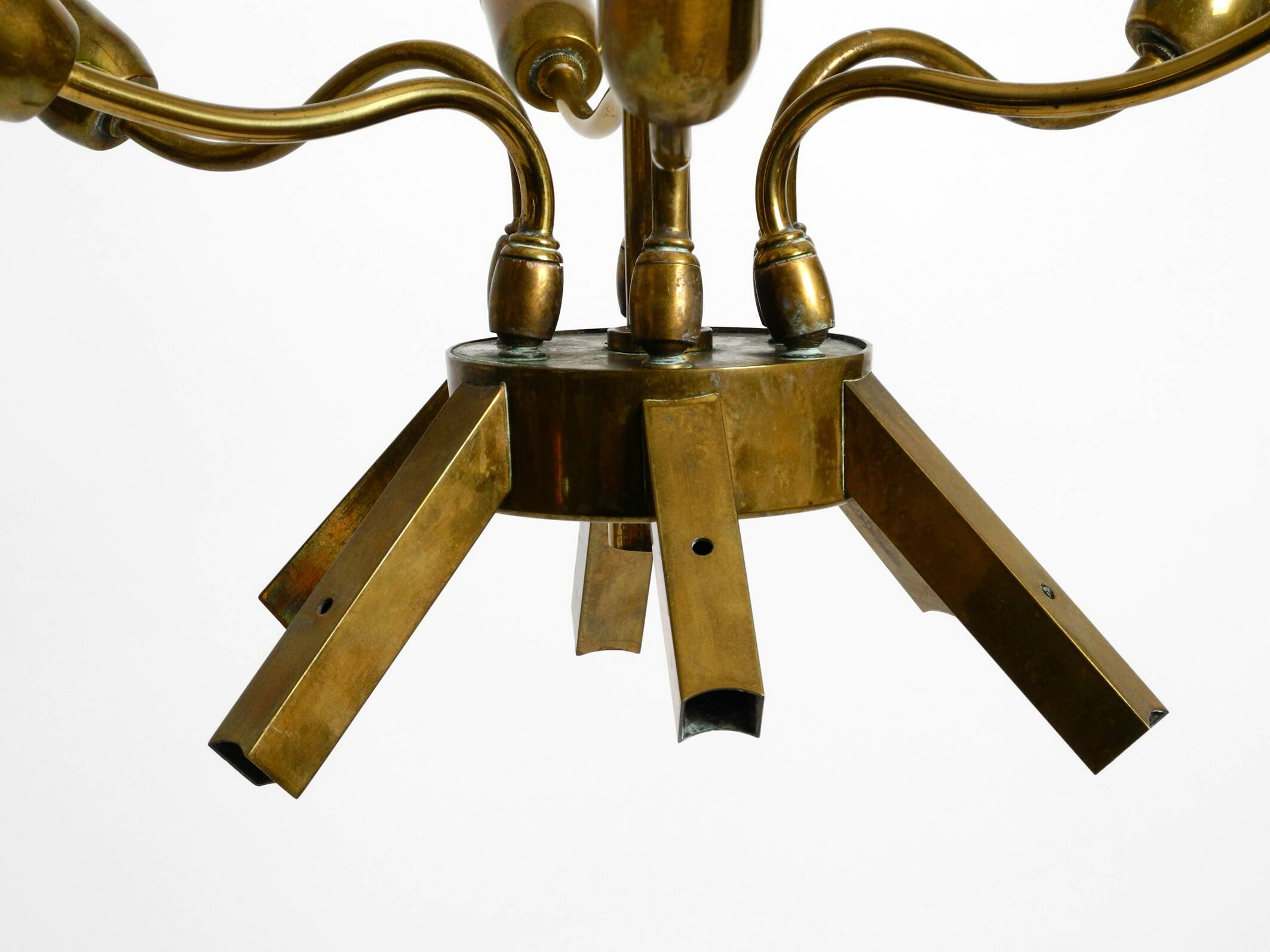 50s brass chandelier with white and transparent Murano glasses Franco Luce