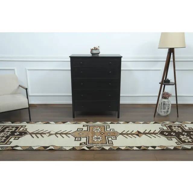 1970s Vintage Turkish Hand-Knotted Wool Cotton White Runner Rug 90x395