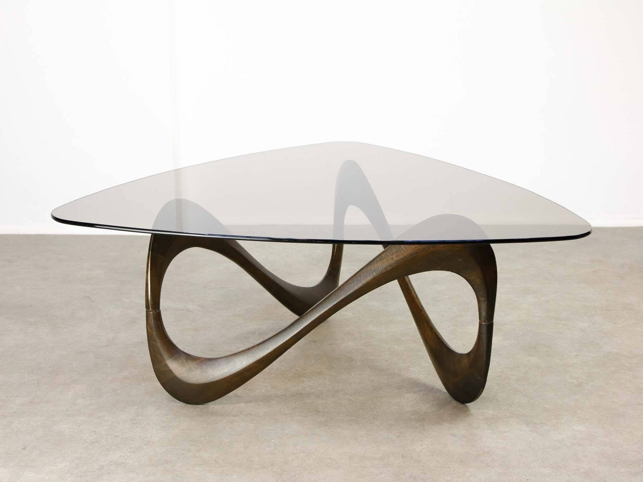 Italian Organic "Snake" Wooden and Smoked Glass Coffee Table, 1960s