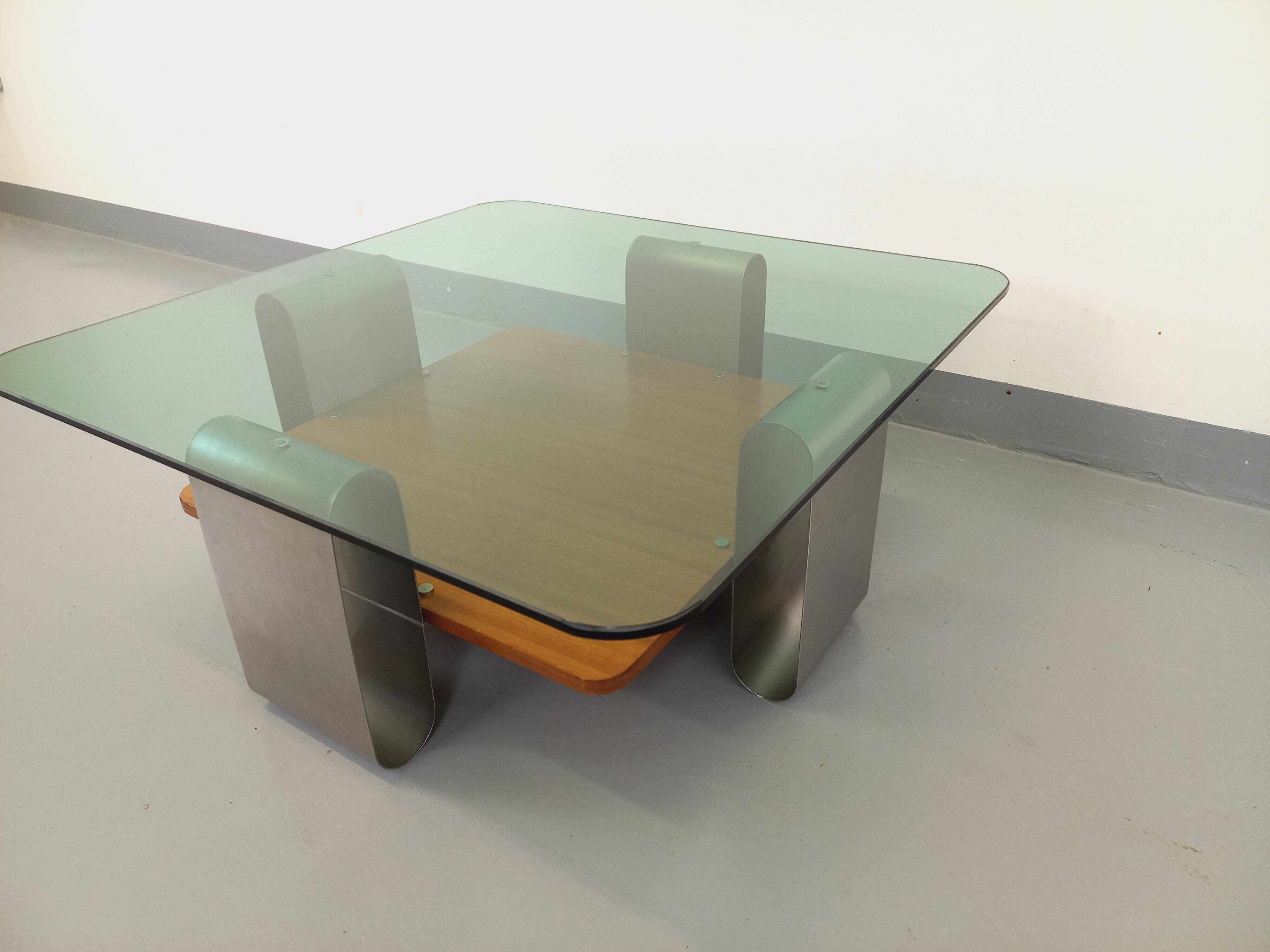 Square coffee table with 2 trays, vintage Space Age style from the 70s, in bluish smoked glass, teak