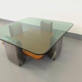 Square coffee table with 2 trays, vintage Space Age style from the 70s, in bluish smoked glass, teak