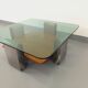 Square coffee table with 2 trays, vintage Space Age style from the 70s, in bluish smoked glass, teak