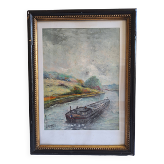 Peinture signée sur papier encadrée sous verre