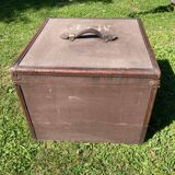 Antique travel trunk, wooden and leather transport case, 1900