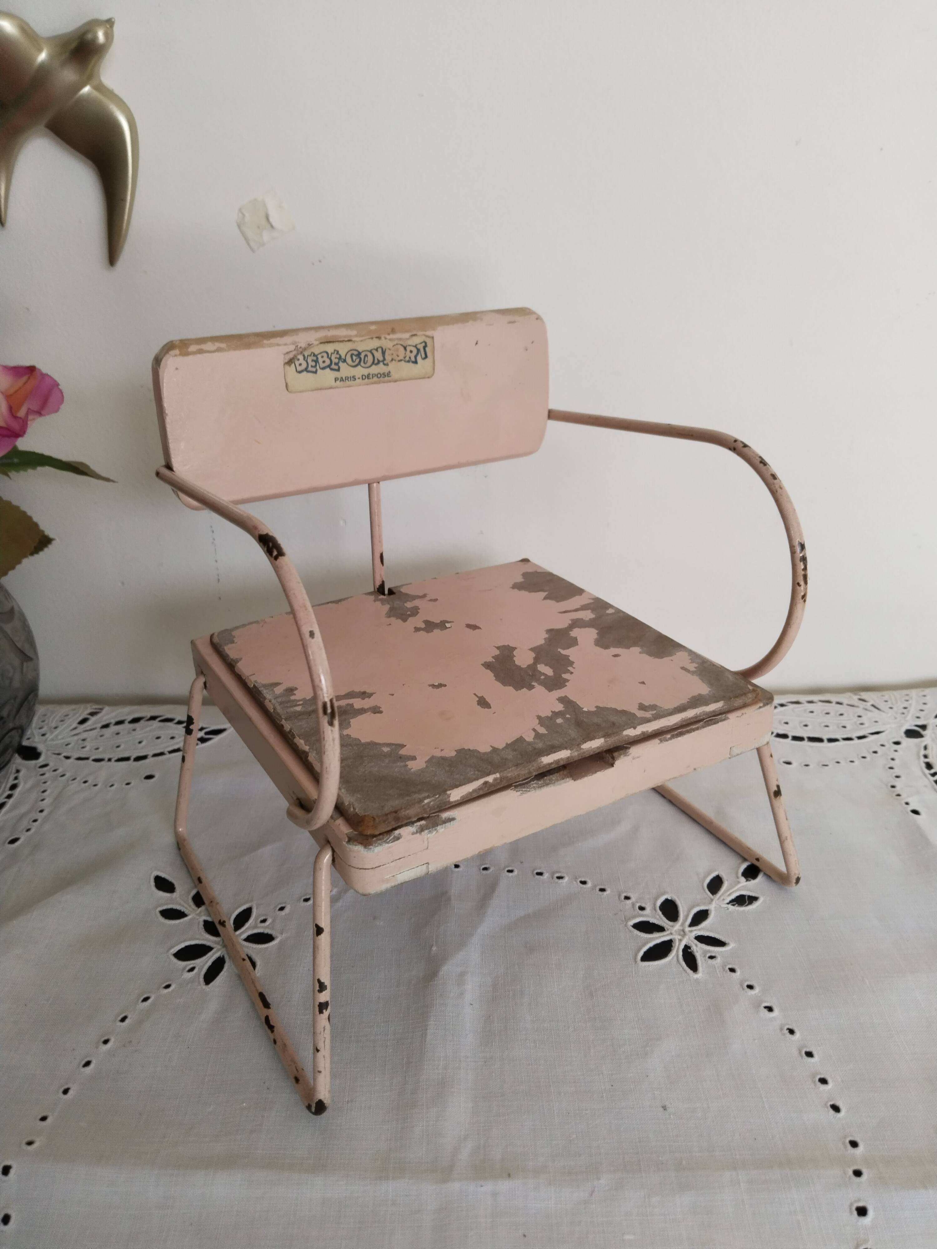 Vintage doll potty chair, wood and metal, pink, Bébéconfort