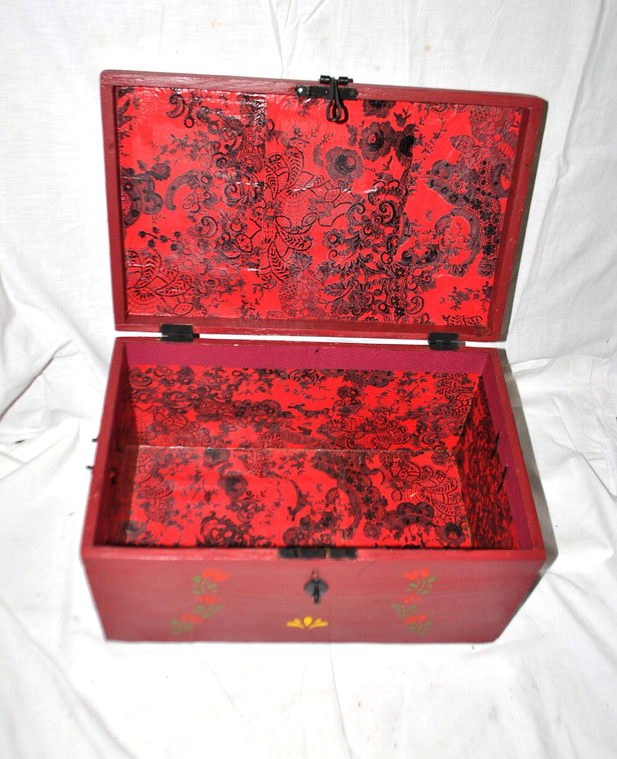 Vintage wooden trunk – toy chest or music box with painted stencil bird decoration.