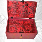 Vintage wooden trunk – toy chest or music box with painted stencil bird decoration.