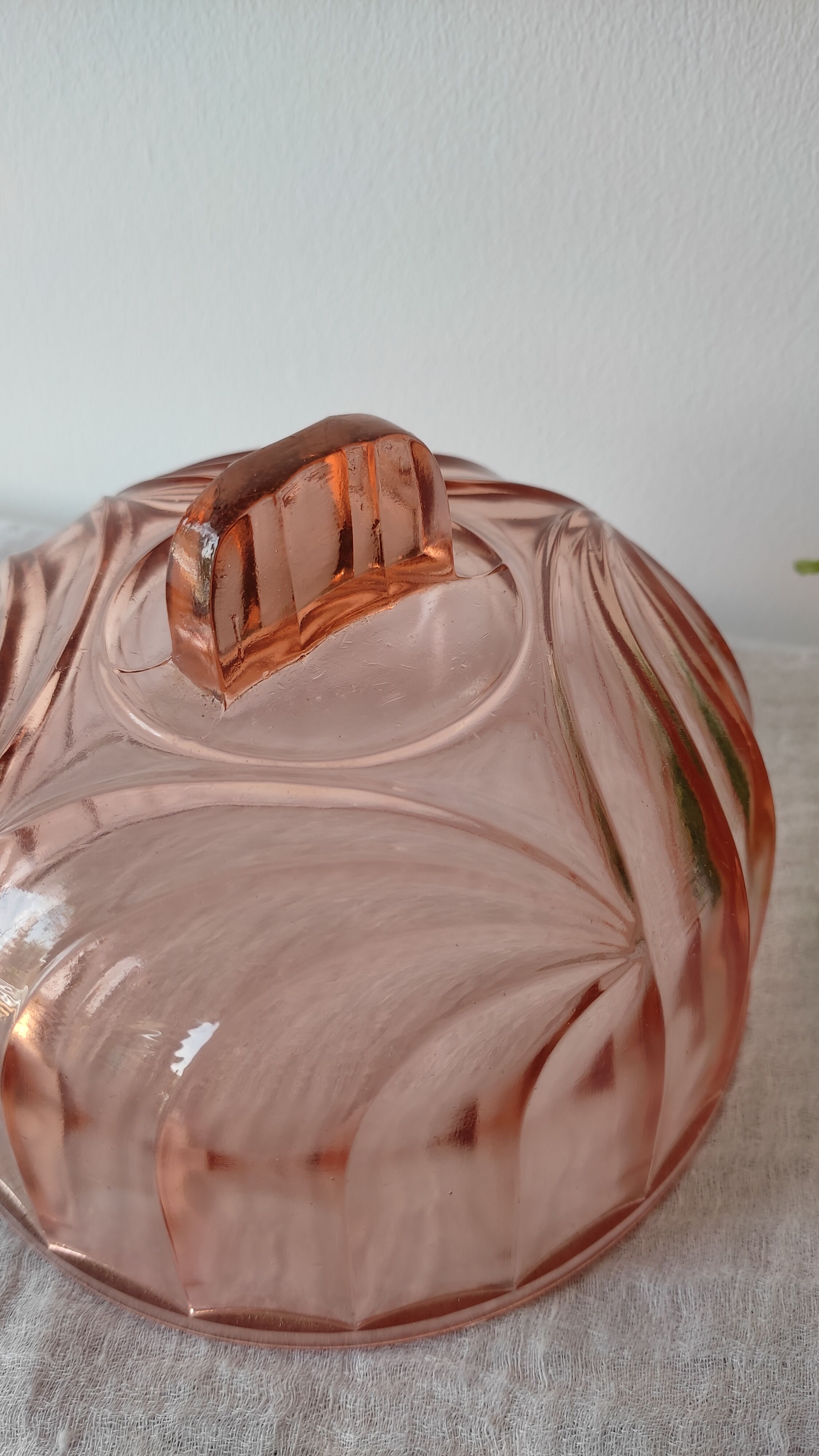 Old cheese or dessert bell and its pink art deco pressed glass tray