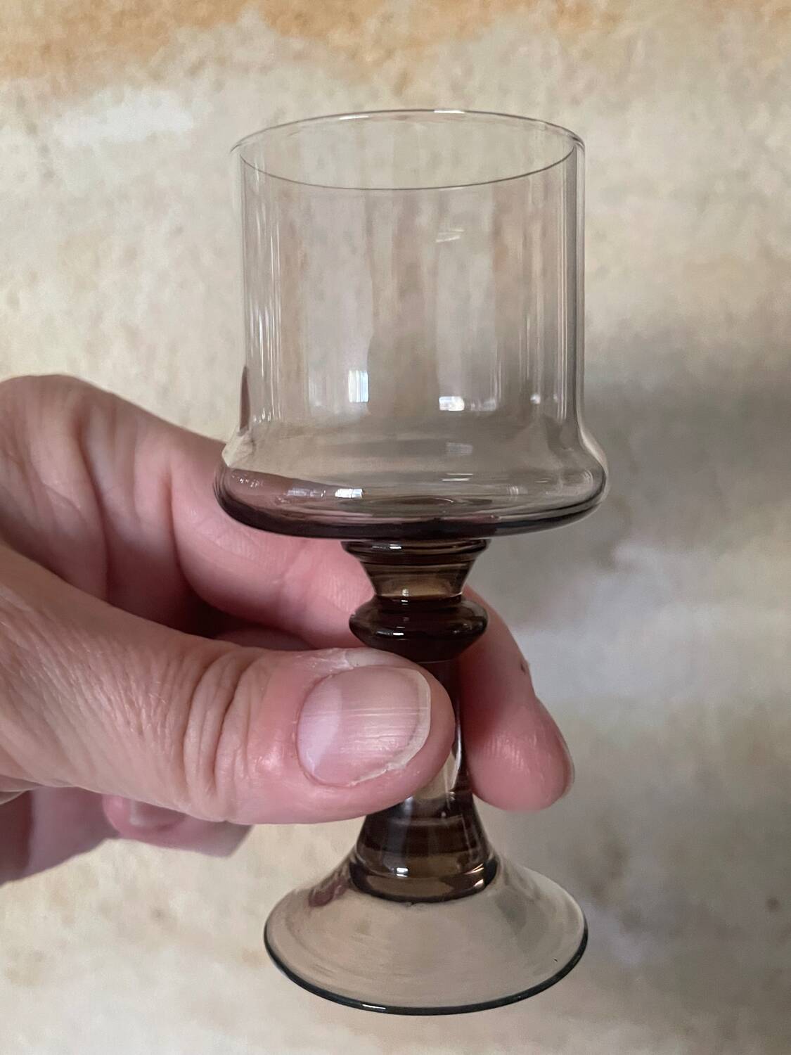 3 stemmed digestif glasses, smoked brown glass