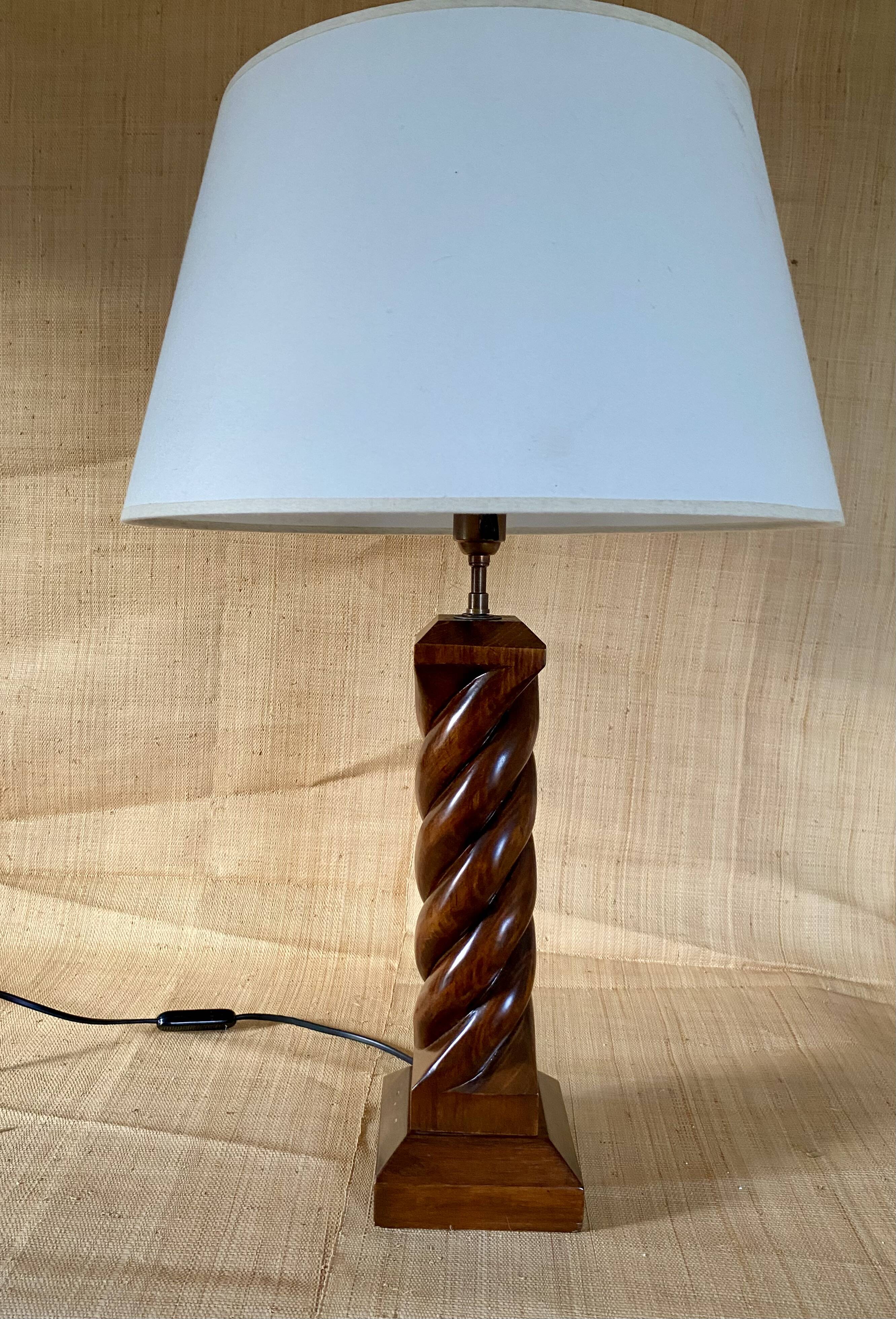 Turned wooden lamp, 2M fabric cable, cotton shade.