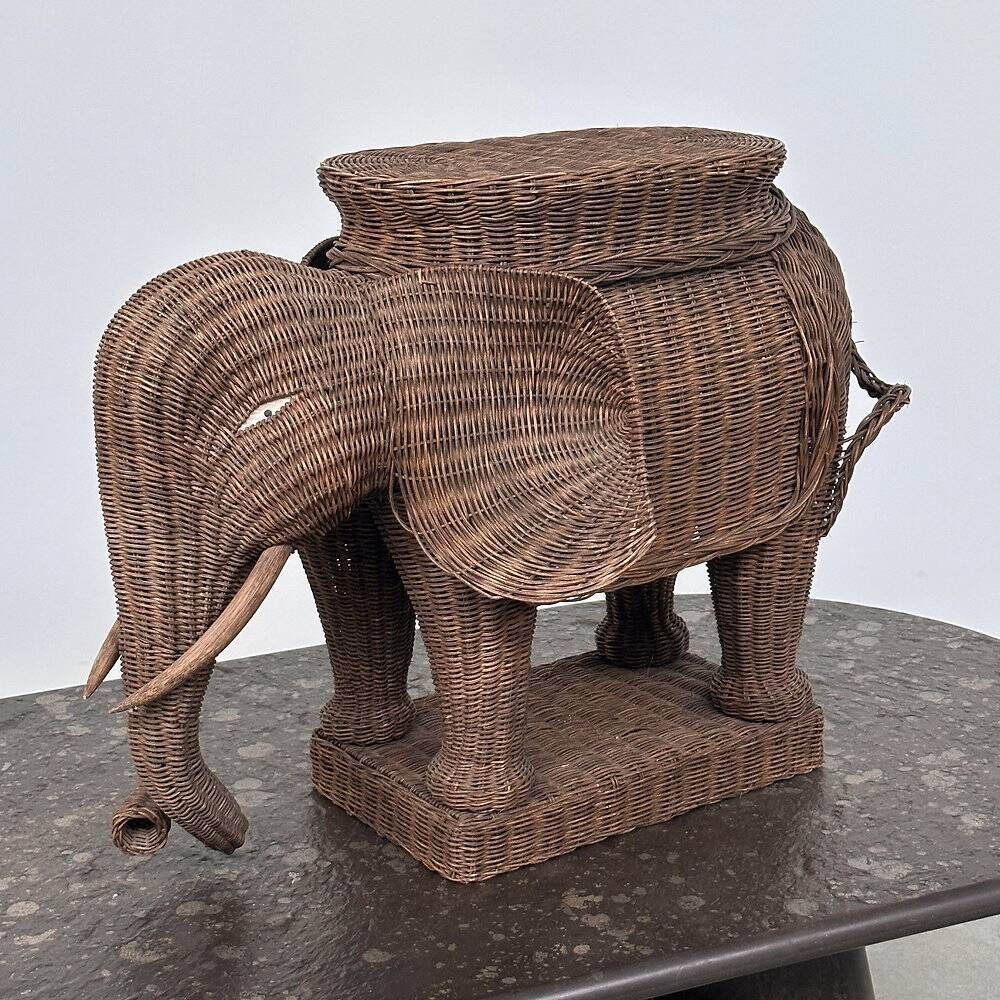 Large vintage wicker elephant plant stand / side table – sculptural bohemian statement