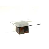 Italian design coffee table by Artedi with natural stone base and glass top