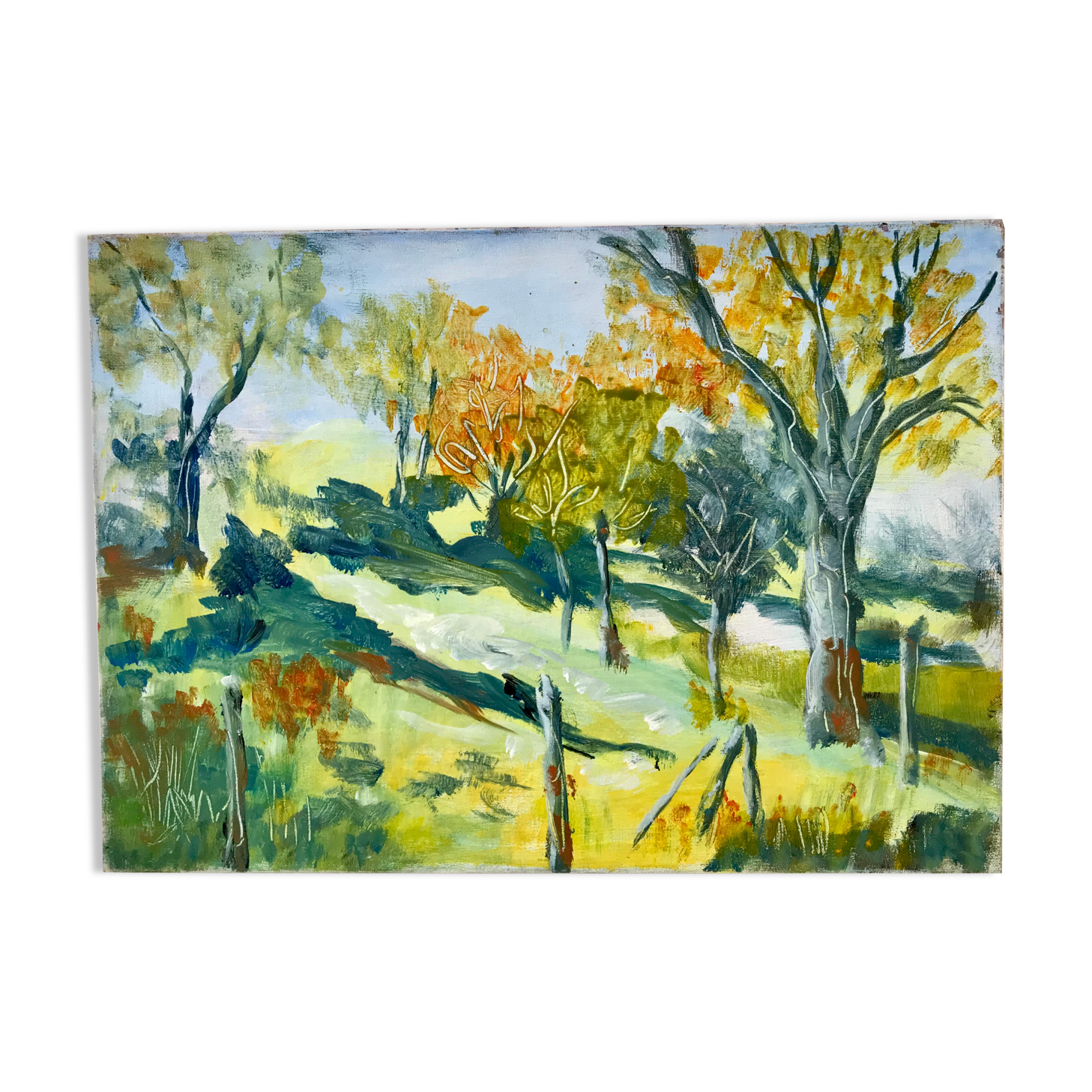 Painting oil on canvas landscape fields and vintage forest