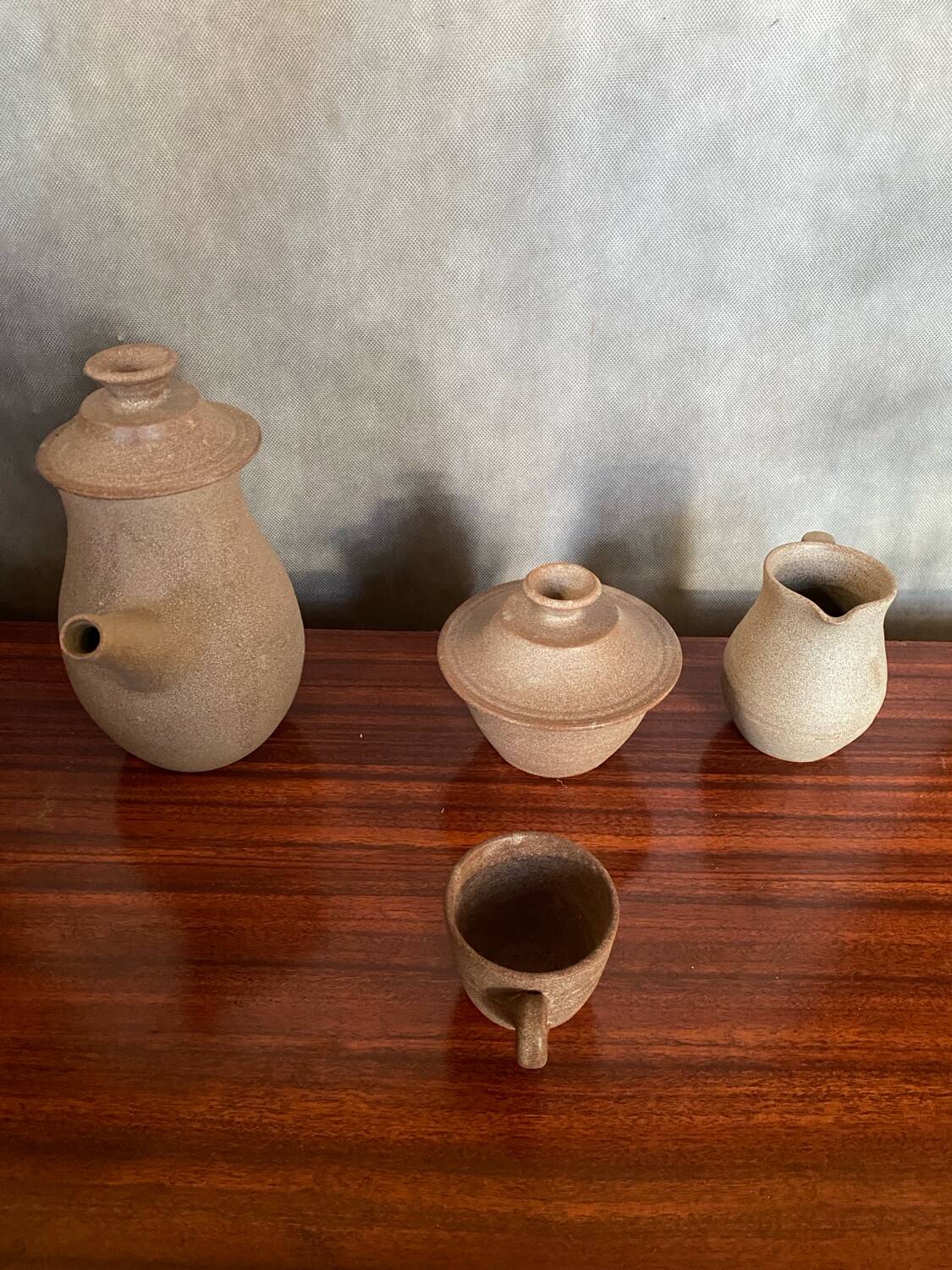 Lot old tea coffee service vallauris style ceramic beige 9p vintage #b843