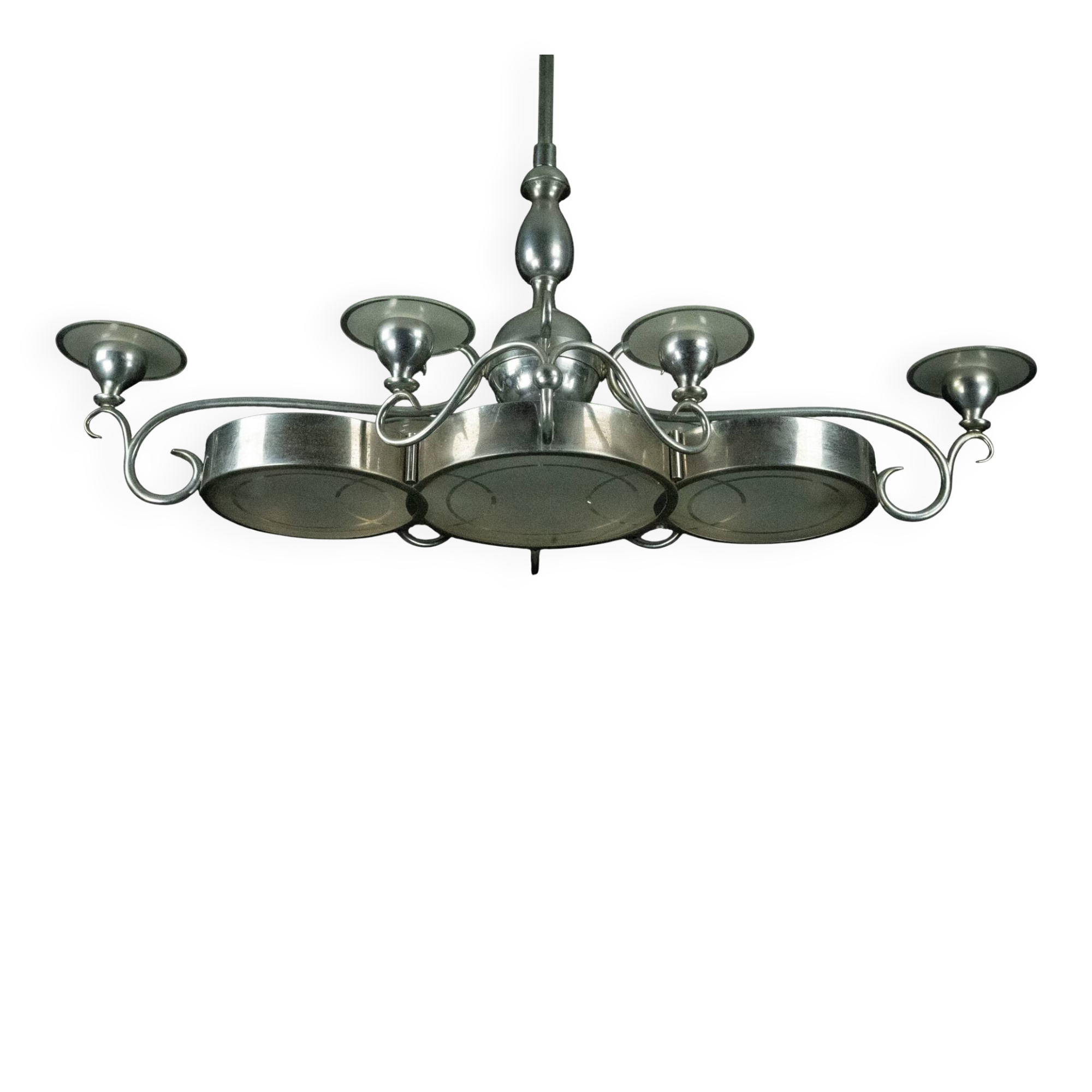 Art Deco Italian Chandelier in Nickel Brass and Frosted Glass, 1930s