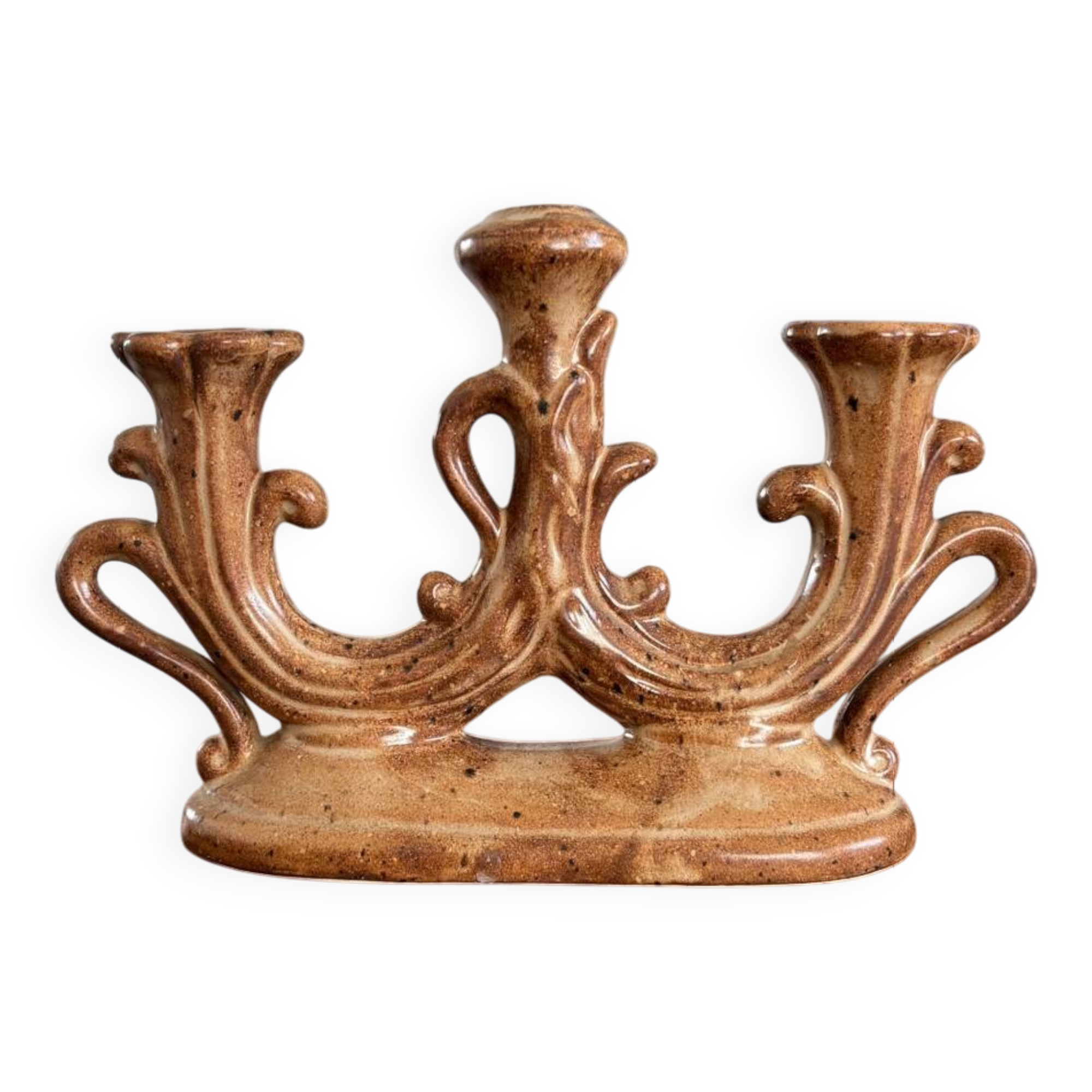 Vintage brown ceramic rustic style candlestick - vintage candle holder