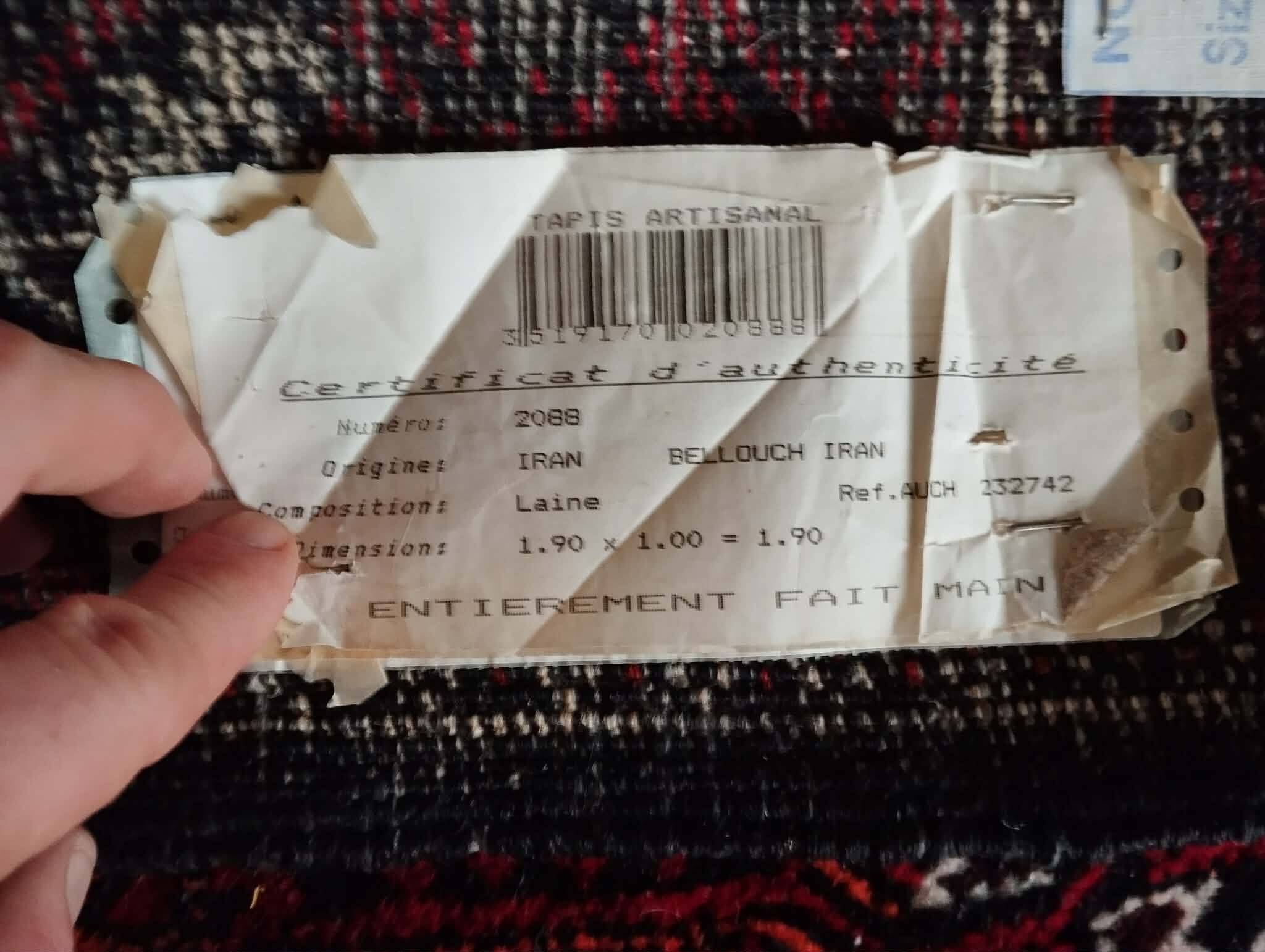 Handmade Belouch Persian rug 184x108cm