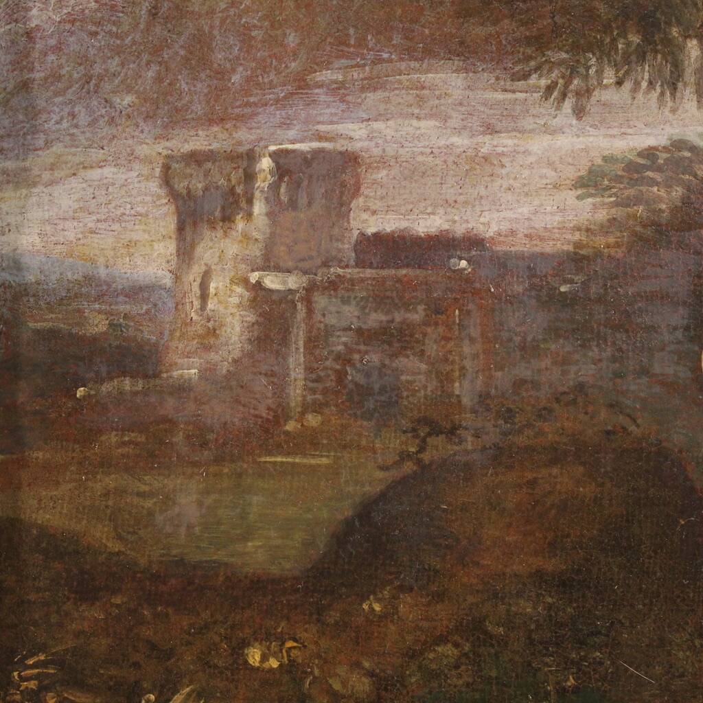 Peinture italienne antique du XVIIIe siècle, paysage avec scène pastorale