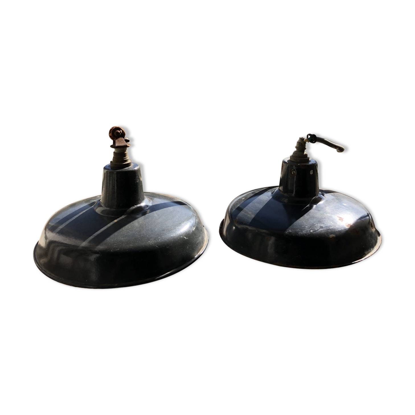 Pair of workshop pendant lights in grey/white enamelled sheet metal
