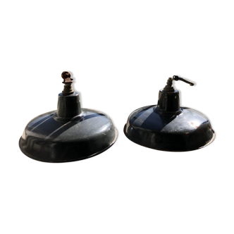 Pair of workshop pendant lights in grey/white enamelled sheet metal