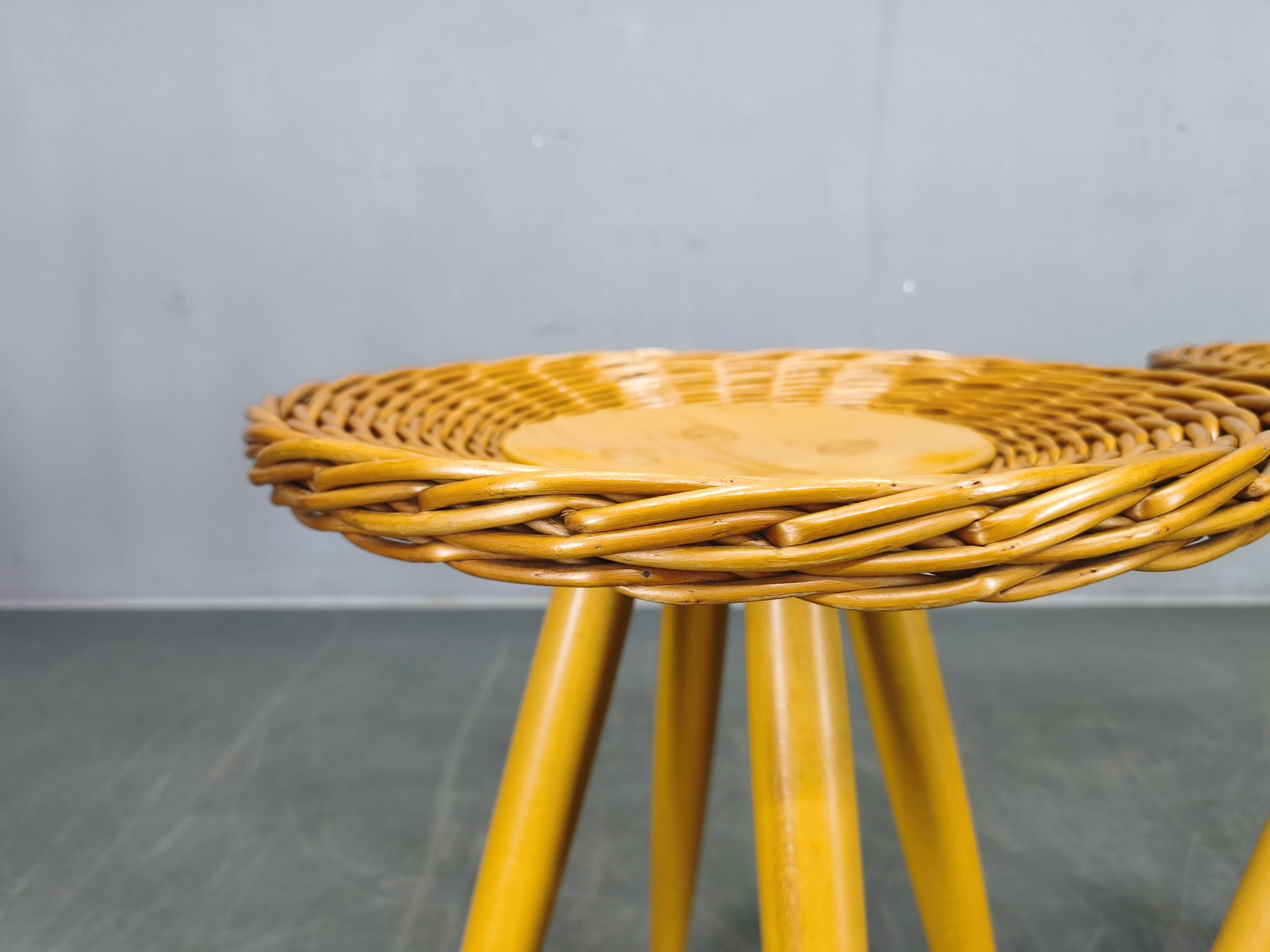 Pair of uluv rattan side tables by jan kalous, 1970s