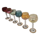 Lot de 6 verres à pied en cristal coloré avec pied torsadé doré.