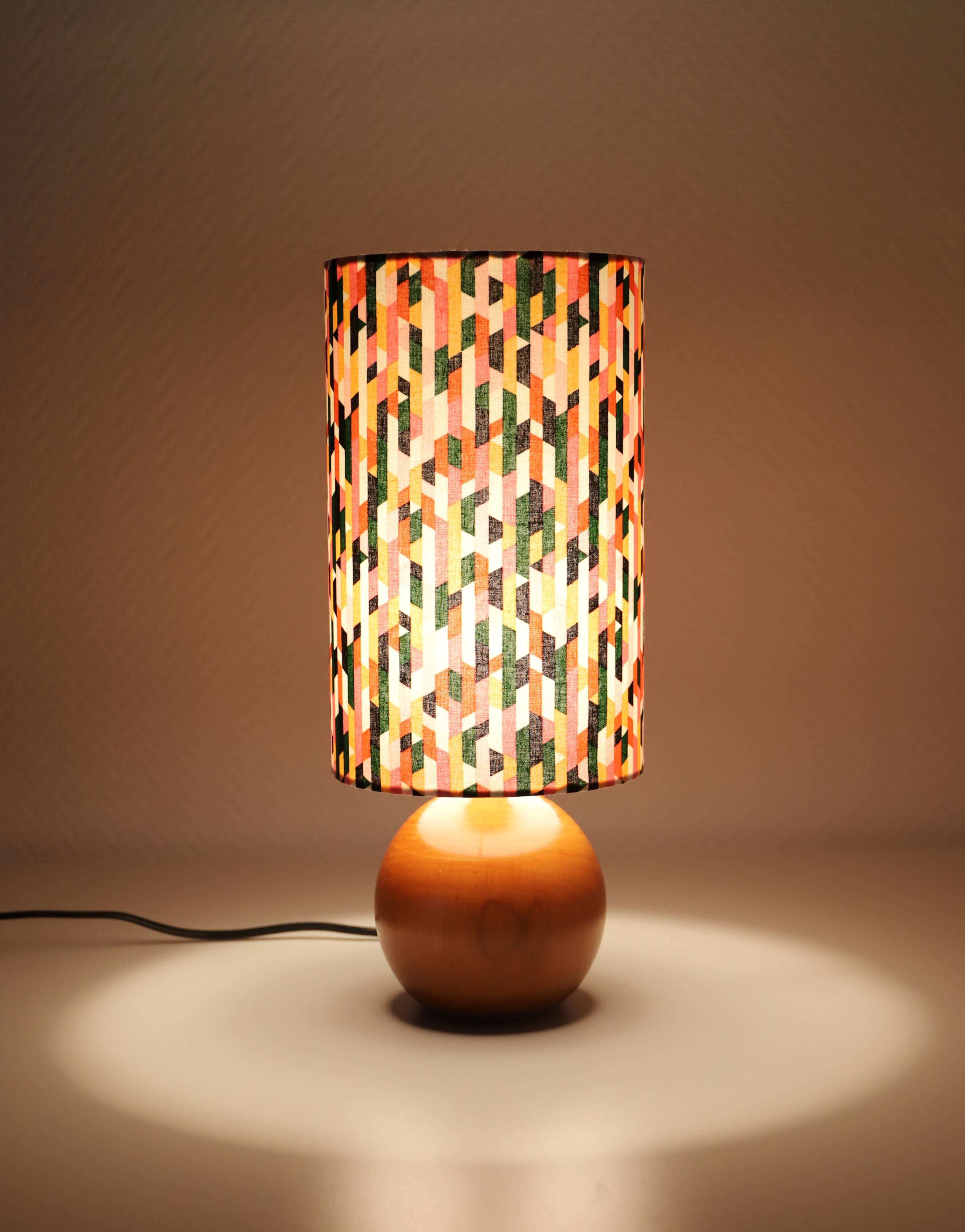 Bedside lamps, solid wood sphere base and printed cylinder lampshade