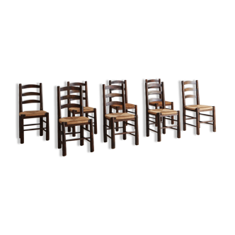 Ensemble de 8 chaises Georges Robert 1950 chêne et assises paillées