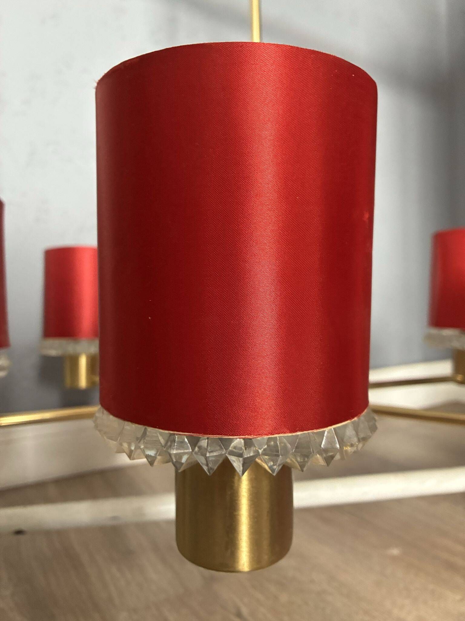 Kaiser Leuchten six-arm brass chandelier, red shades, crystal glass