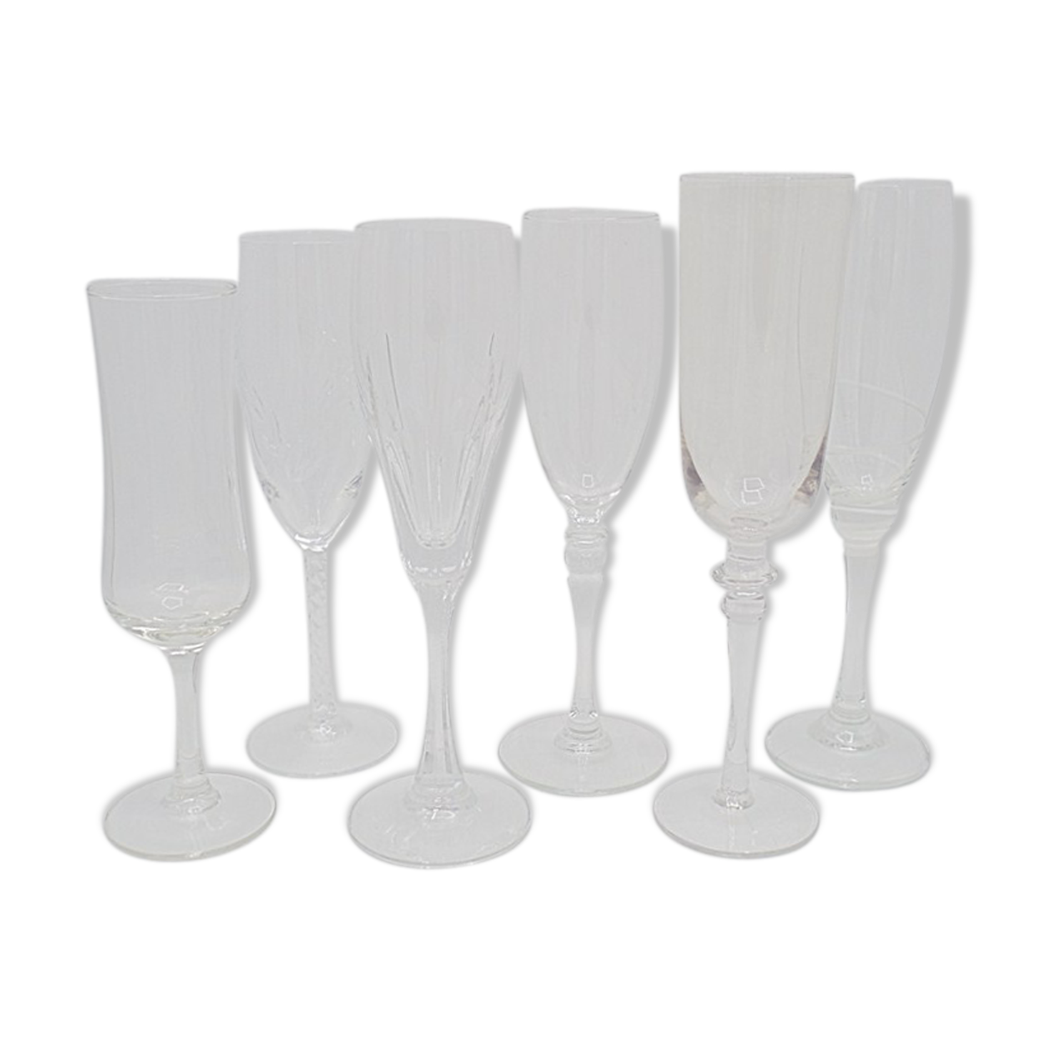 Set of 6 mismatched champagne flutes