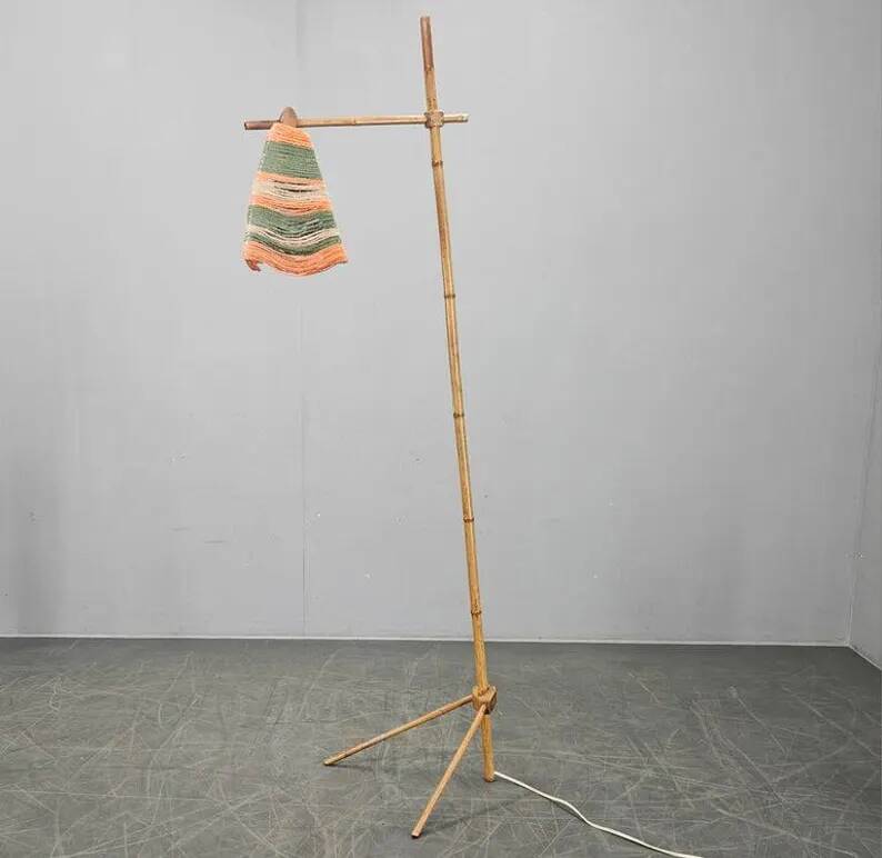 Rare Midcentury Floor Bambnoo and String Lamp, 1960s