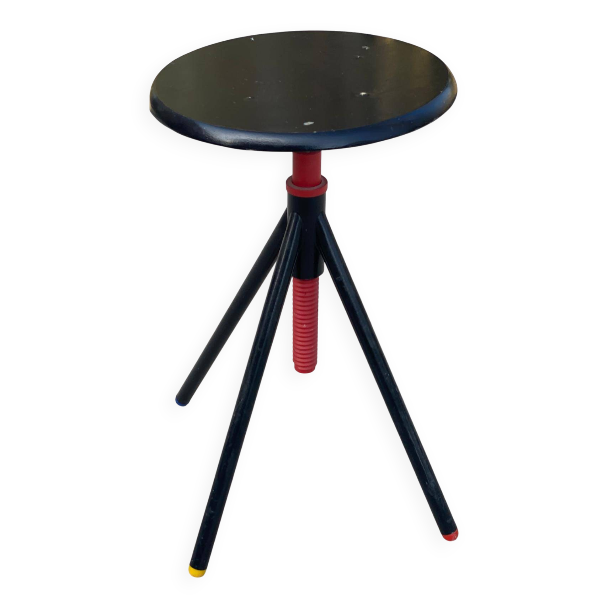 Vintage round stool with adjustable screw black and red 1970