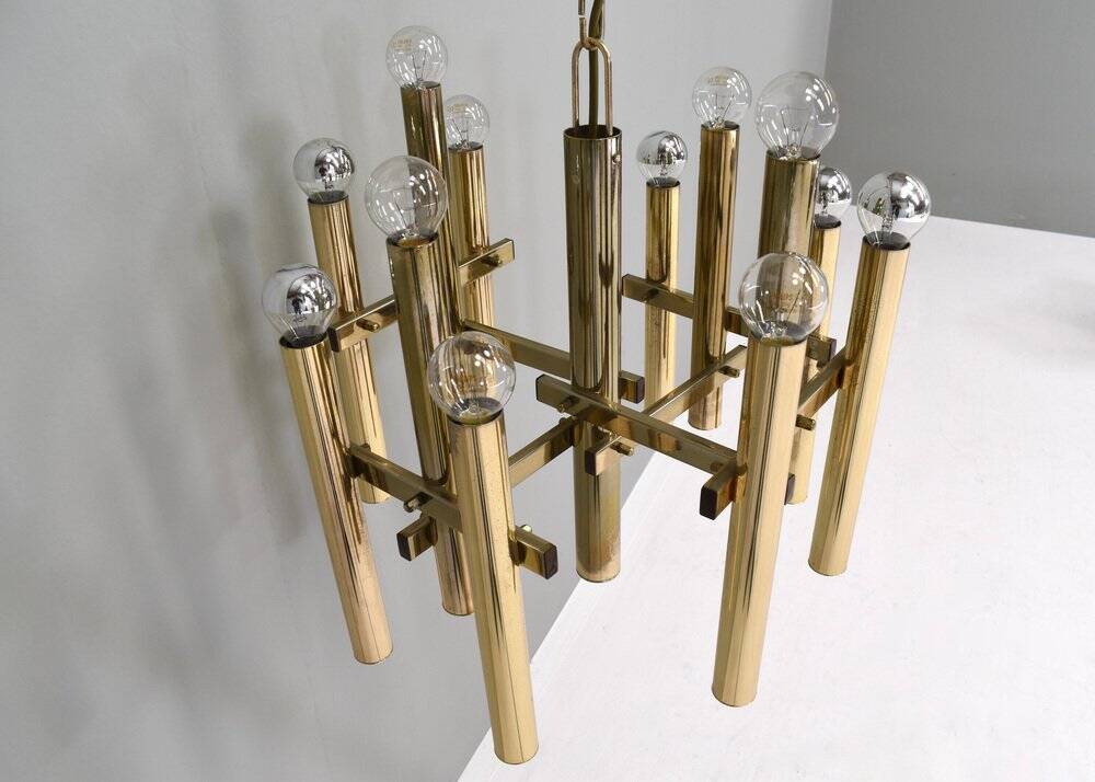 Italian brass chandelier 12 spot pendant lamp by Gaetano Sciolari, 1970s