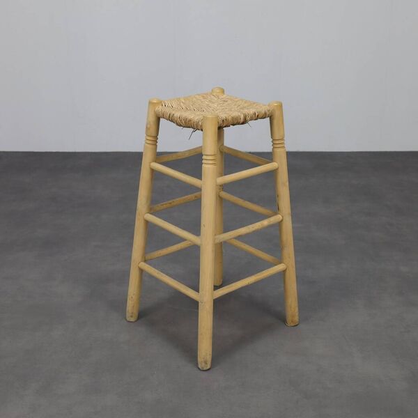 Ensemble de 4 tabourets de bar en bois et rotin, années 1970