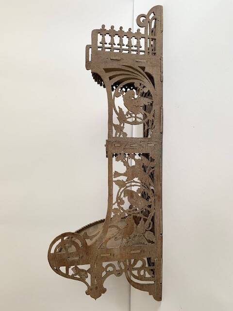 Hand-cut wooden corner shelf with bird decoration from the 1900s