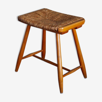 Tabouret style scandinave en paille et bois, années 1950