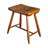 Tabouret style scandinave en paille et bois, années 1950
