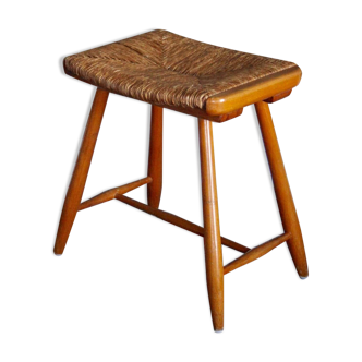 Tabouret style scandinave en paille et bois, années 1950