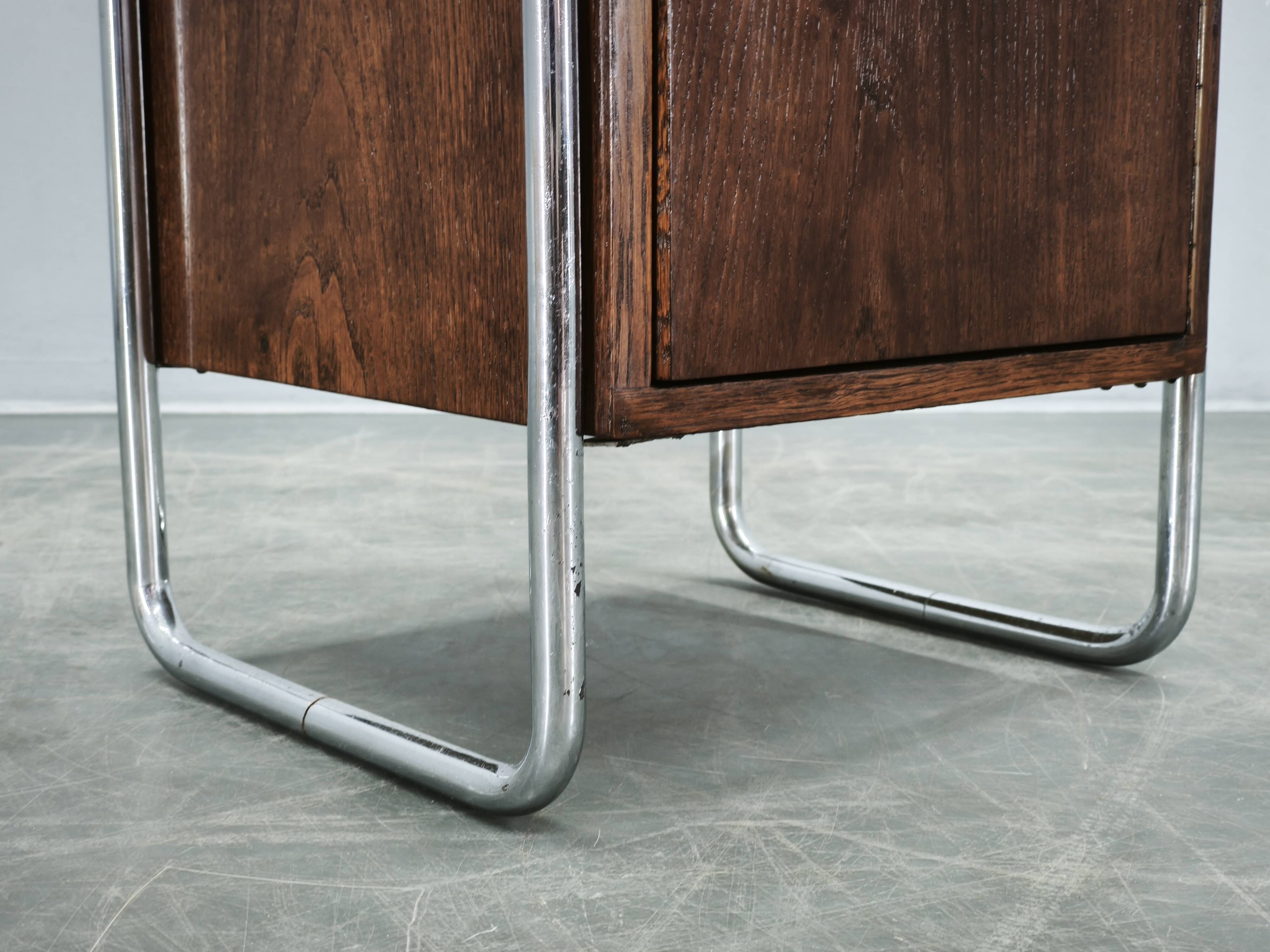 Bauhaus Oak and Chrome Tubular Nightstand, Czechoslovakia 1940s