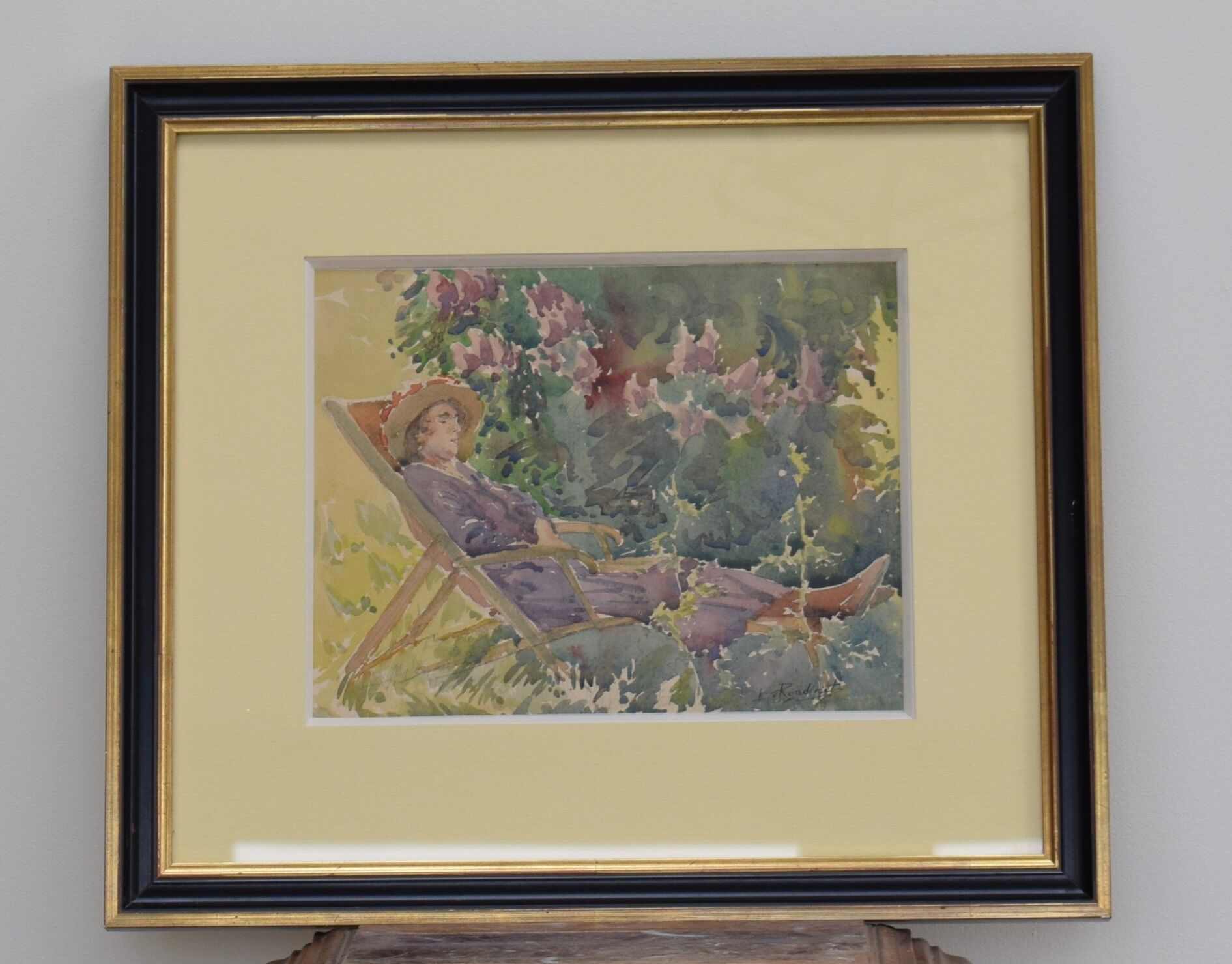Watercolor Signed Emile Rondinet, woman resting in a Framed Garden