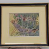 Watercolor Signed Emile Rondinet, woman resting in a Framed Garden
