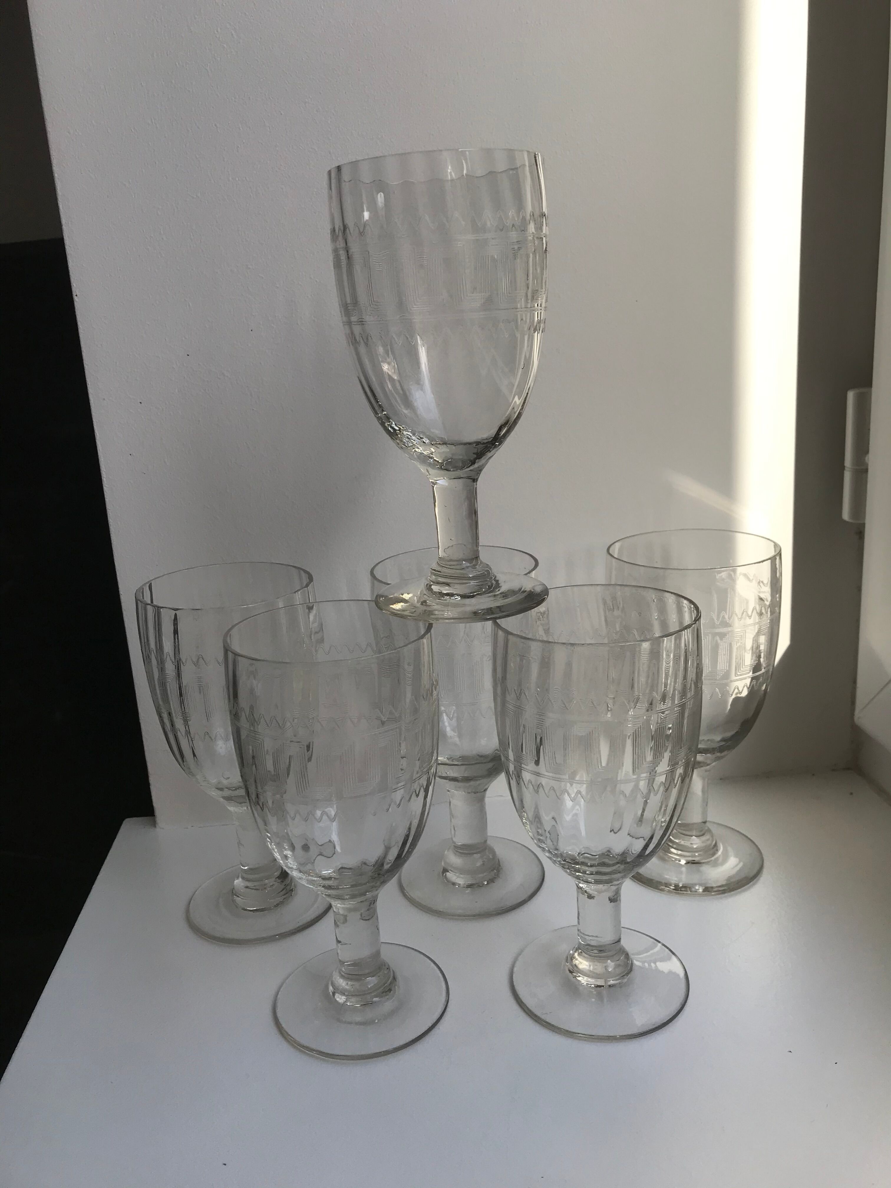 set of 6 large crystal wine glasses engraved early twentieth century