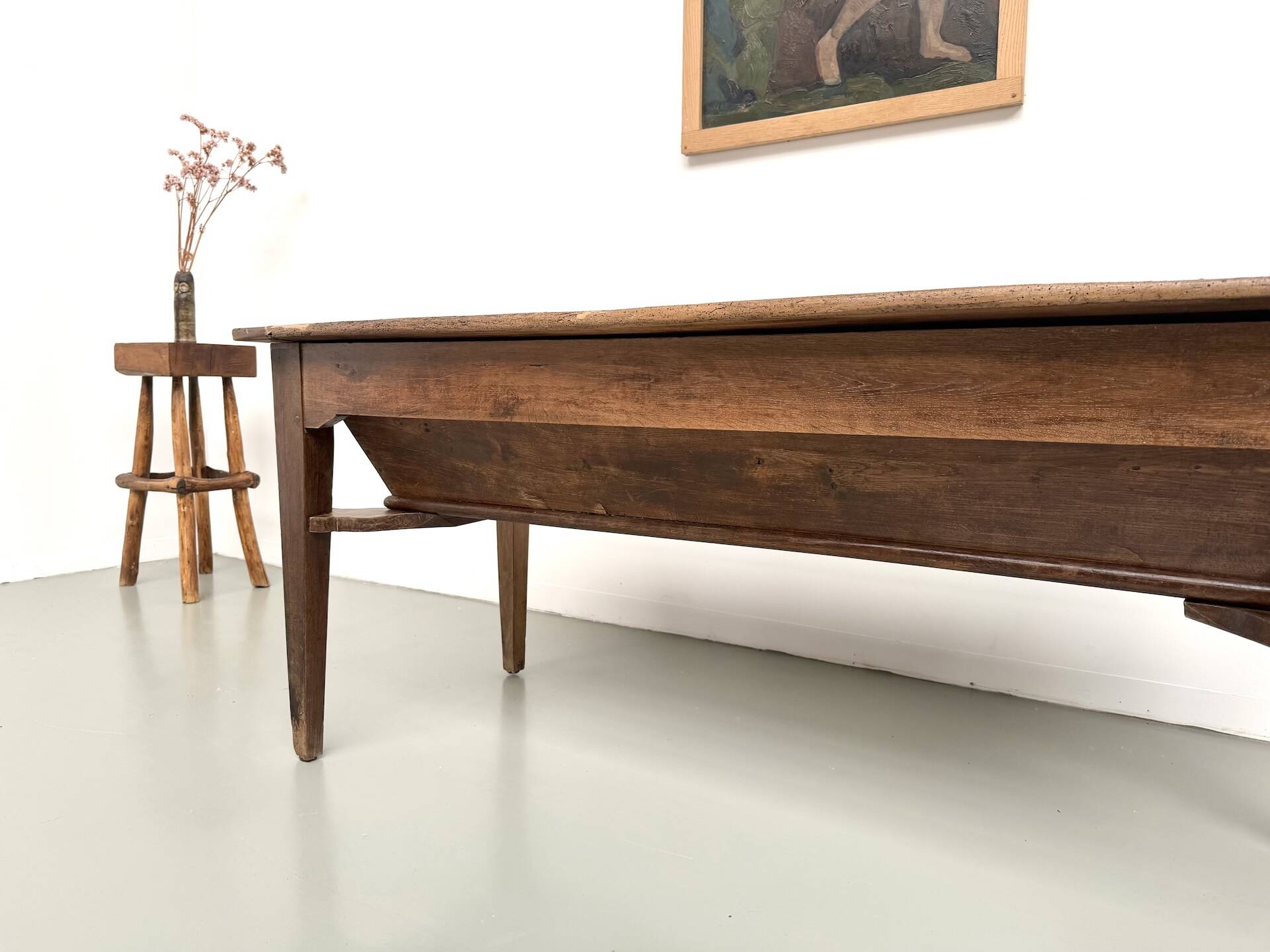 Farm table, old solid oak dough trough, France, around 1920.