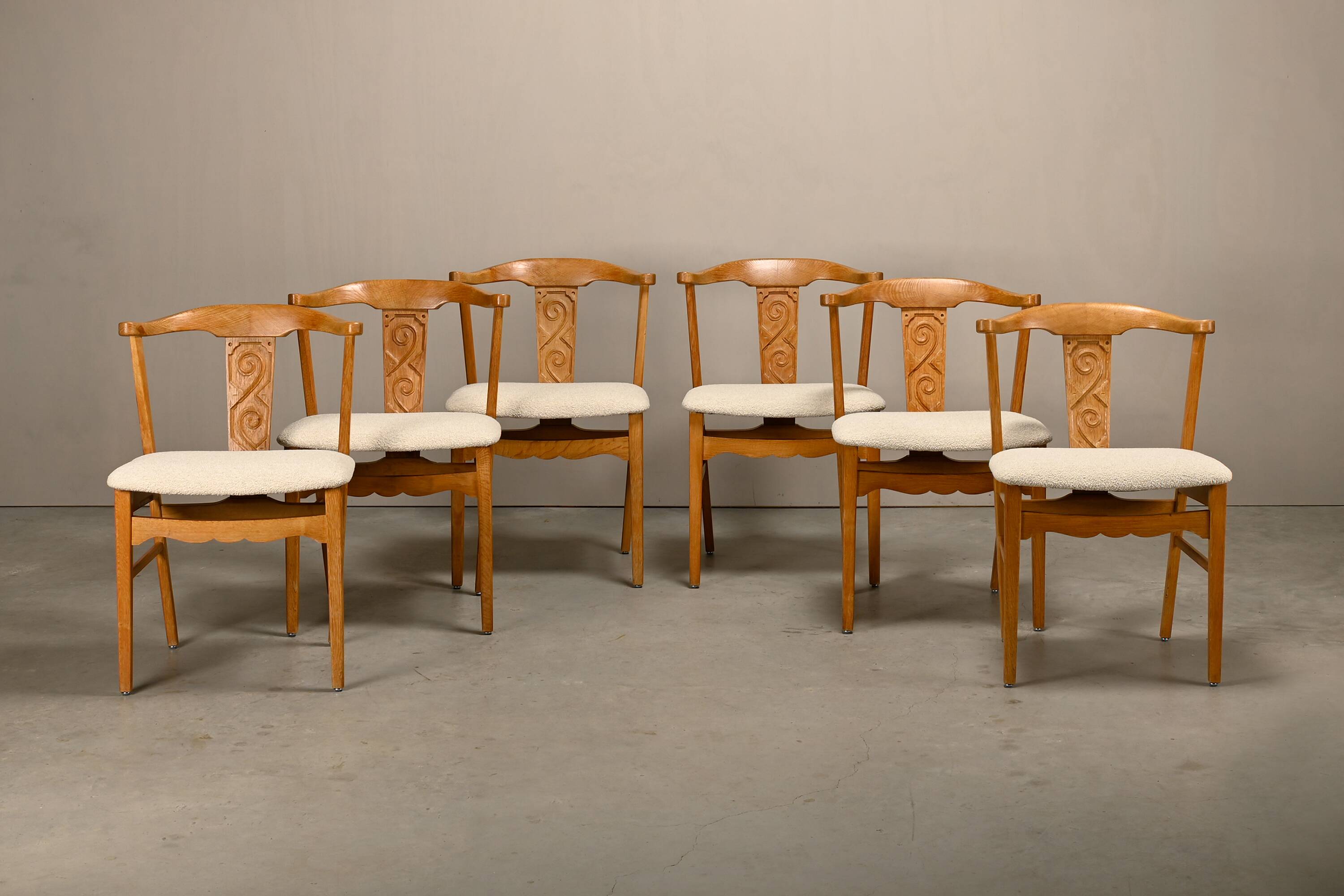 Brutalist Dining Chairs in style of Henning Kjærnulf in Oak and Bouclé