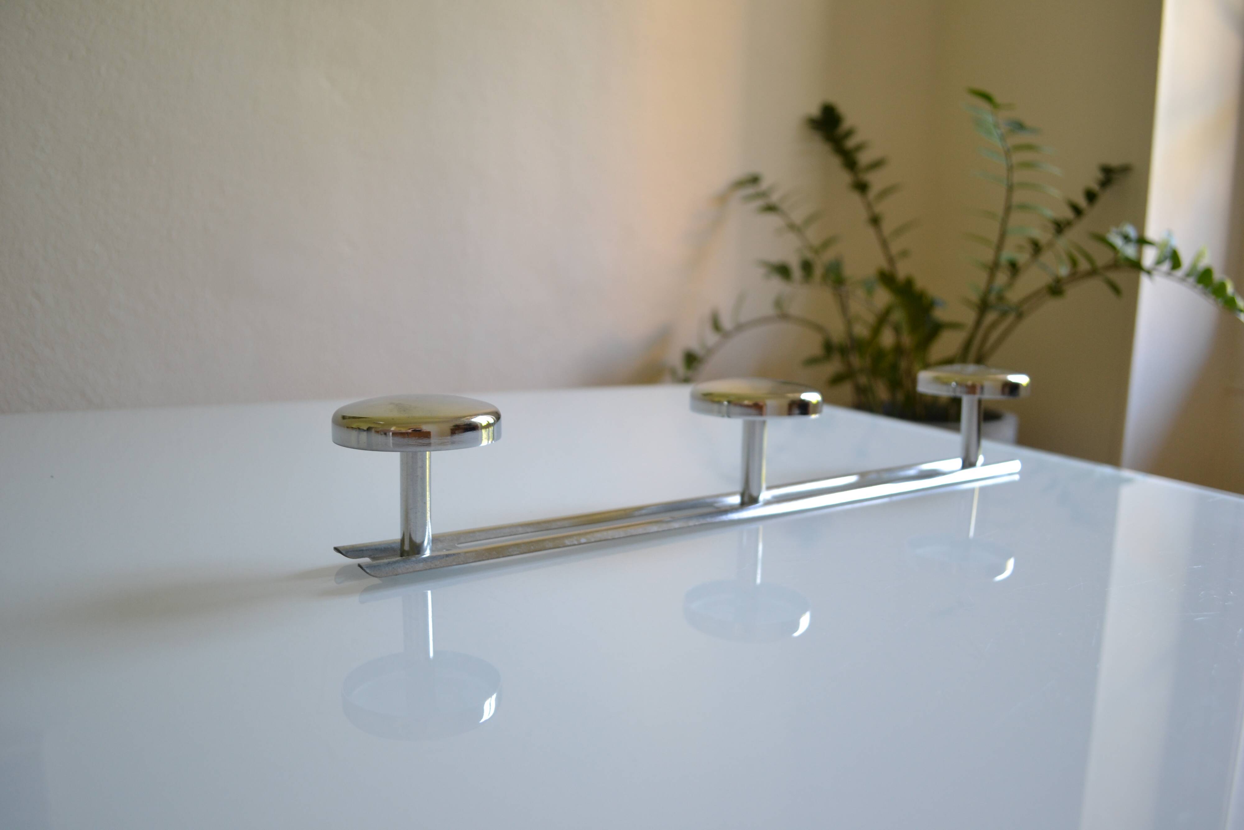 Wall coat rack with 3 chrome metal hooks, vintage 80s.