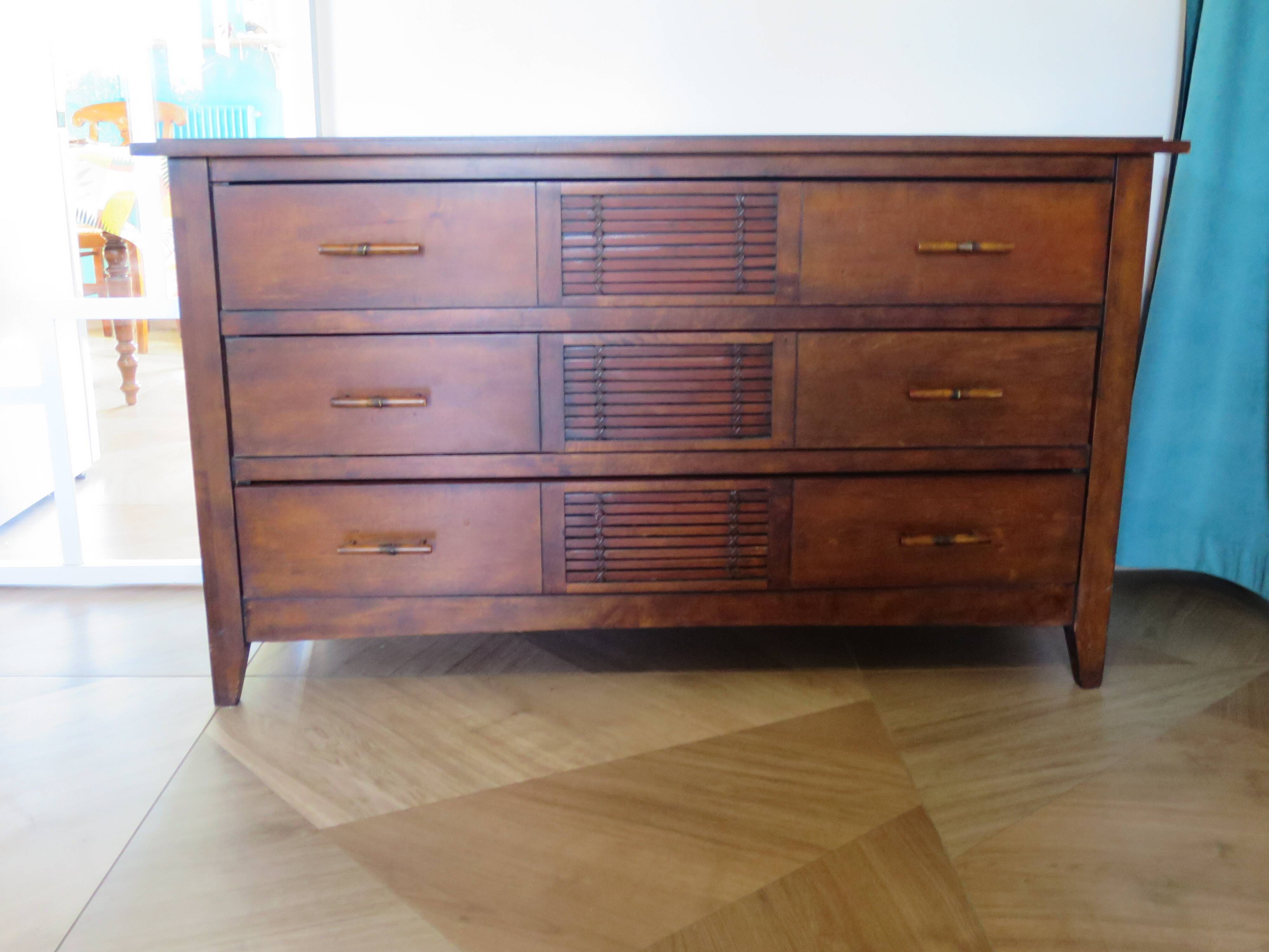 Commode longue–3 tiroirs -style colonial–Teinte acajou